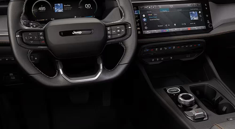 Steering wheel and center console in a 2026 Jeep Cherokee